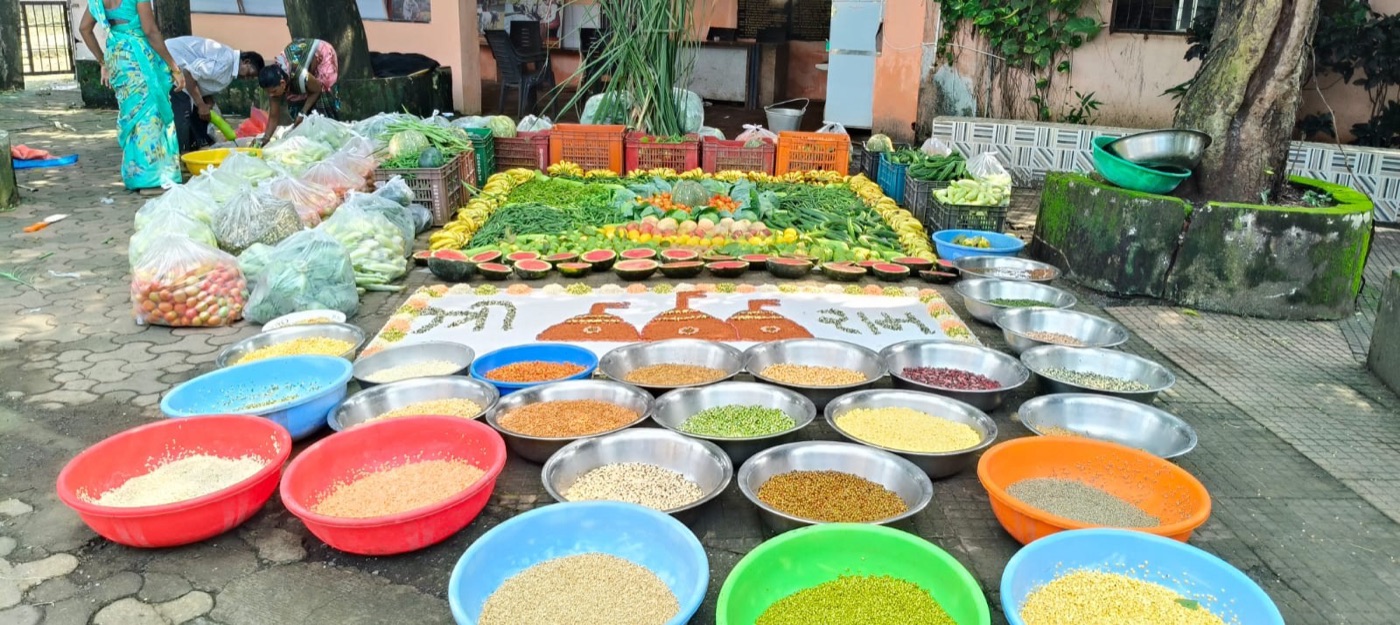 56 kinds of fruits, vegetables and grains laid out for animals